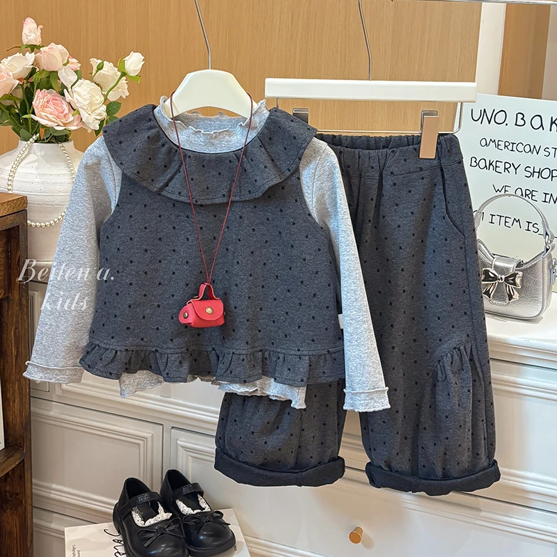 K303女童春秋季新款韩系波点花边马甲三件套女宝休闲简约时尚套装