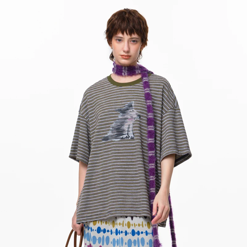 MOVEUP幻走2025夏季新款.FUN圆领条纹小狗印花短款T恤女3EWX10558