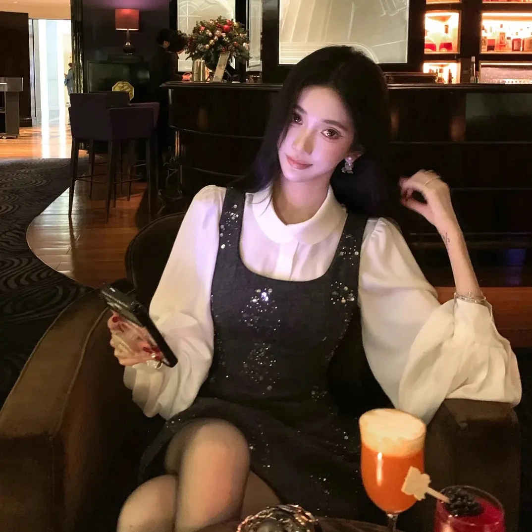 2026春季新款时尚法式气质衬衣+小香风亮片背心连衣裙显瘦套装女