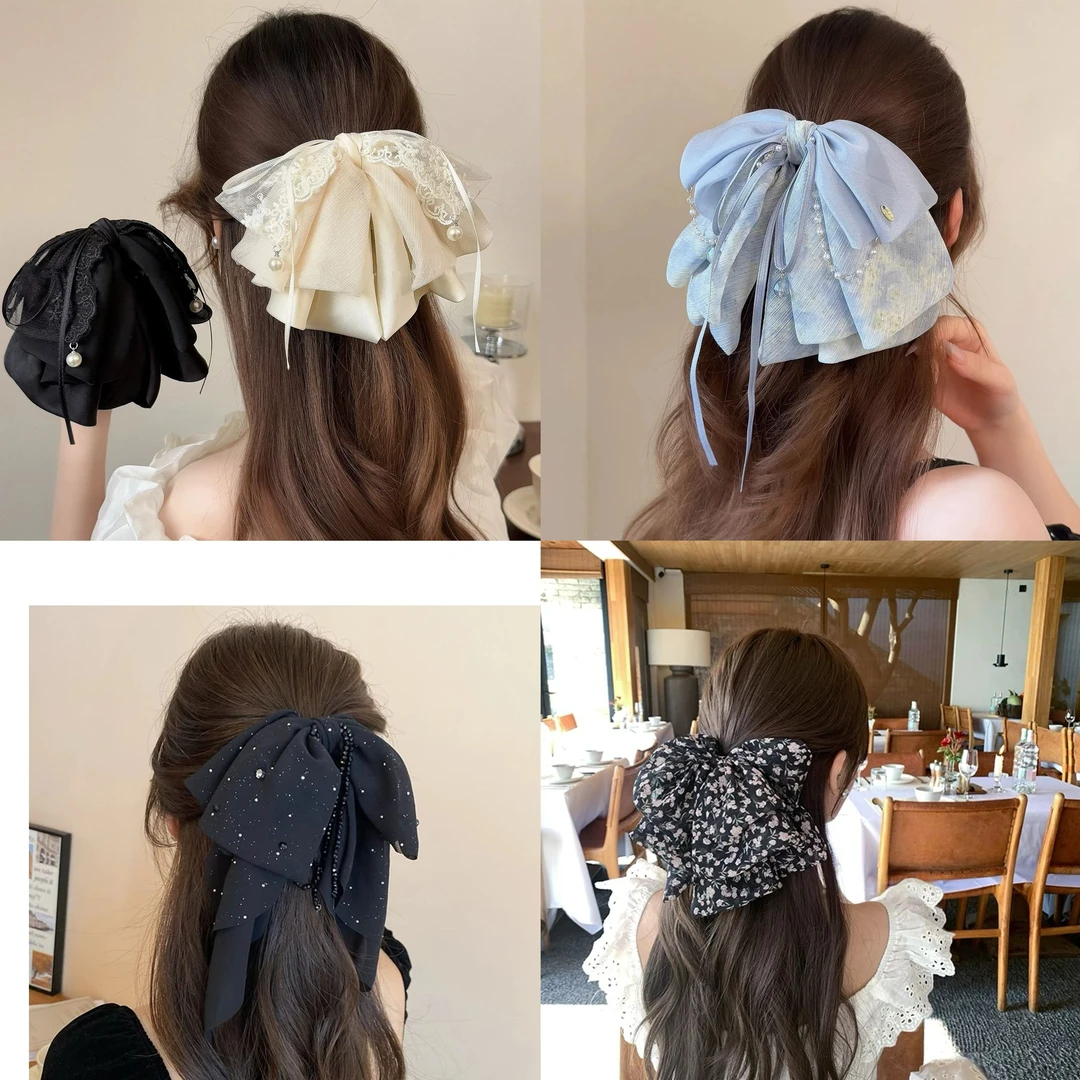 温柔气质米白色蝴蝶结发饰女2025年新款高级感抓夹马尾鲨鱼夹发夹