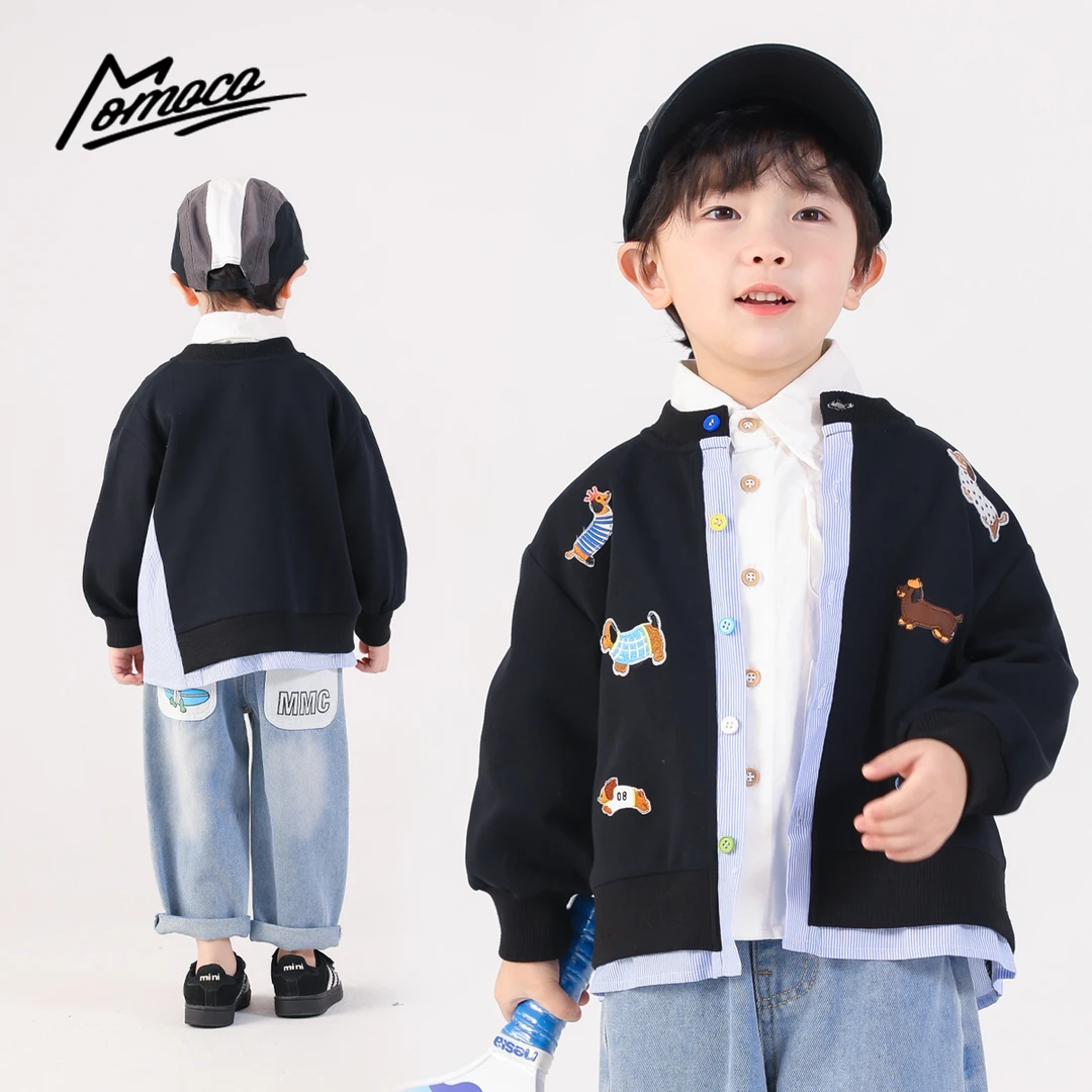 MOMOCO2025款春秋季男童时尚黑色针织拼接假两件开衫77330112042
