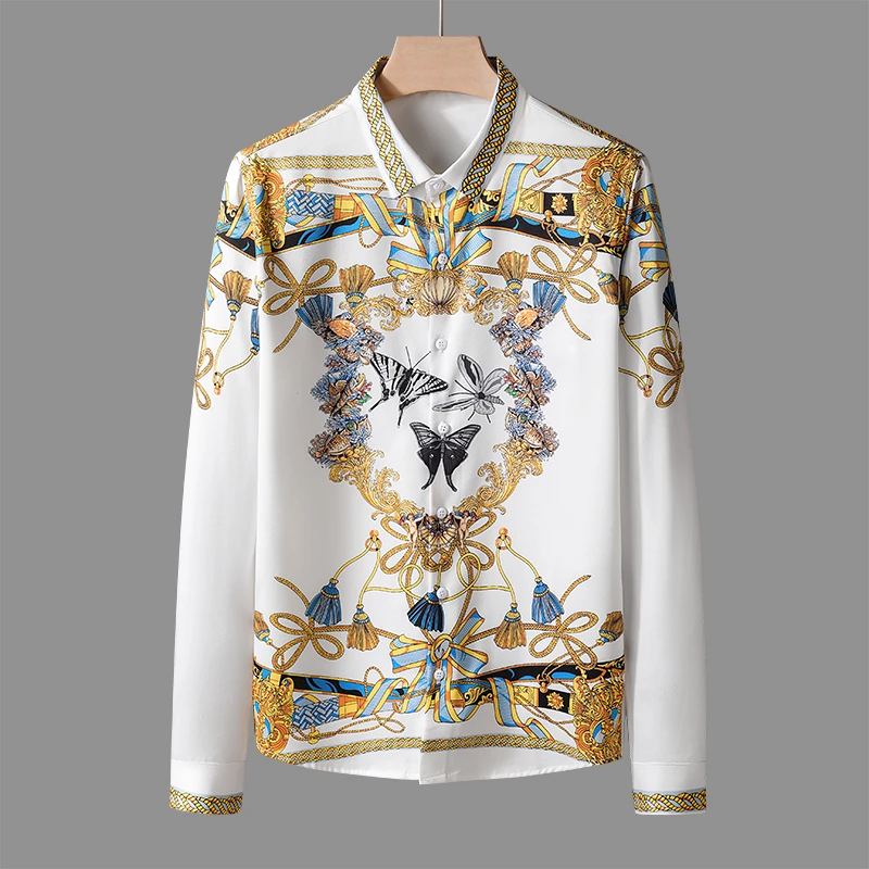 吉伦略索春秋季潮流男士长袖衬衫修身个性印花时尚休闲帅气衬衣