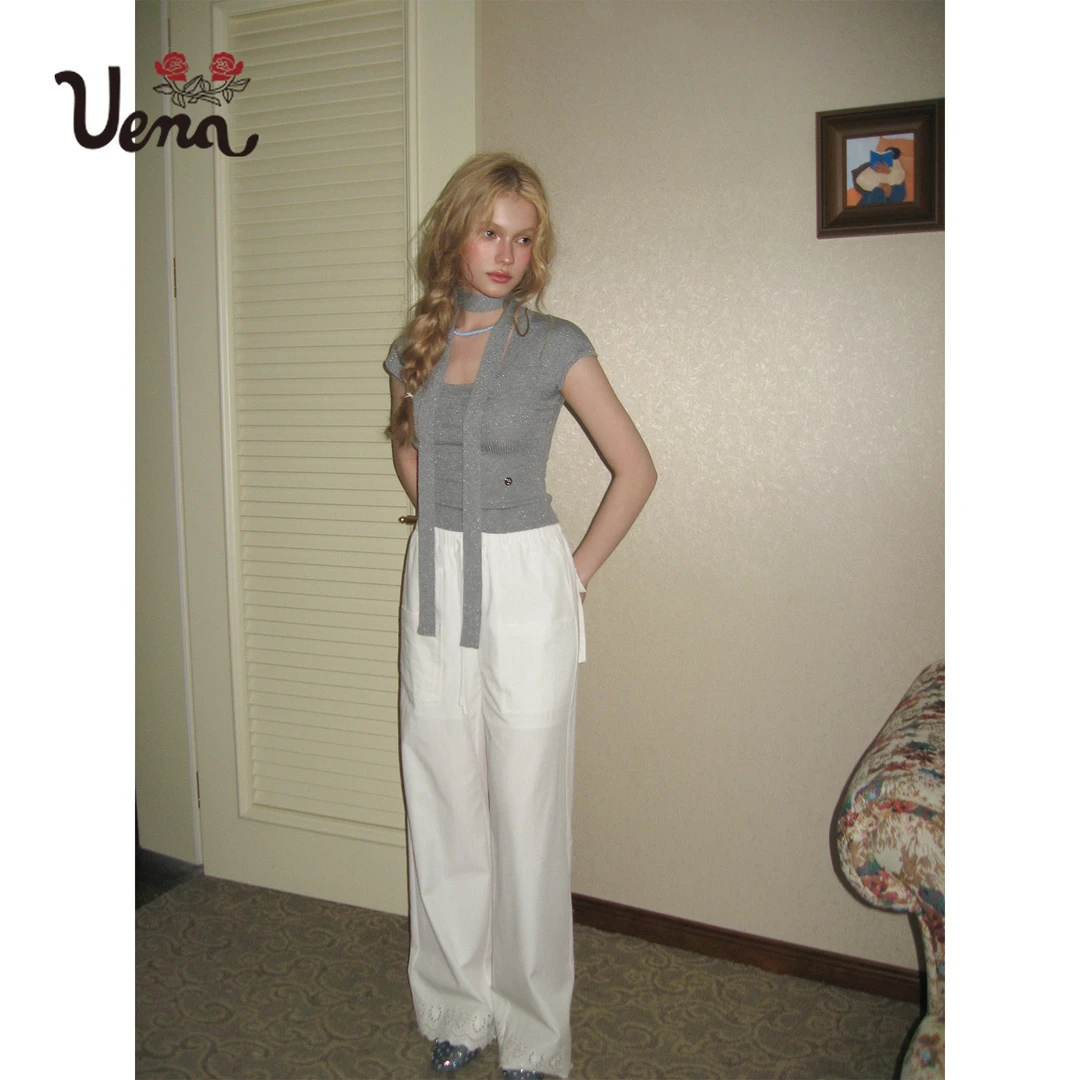 【小熊专属】Uena后背分割镂空短款圆领短袖T恤+白色抽绳阔腿休闲裤