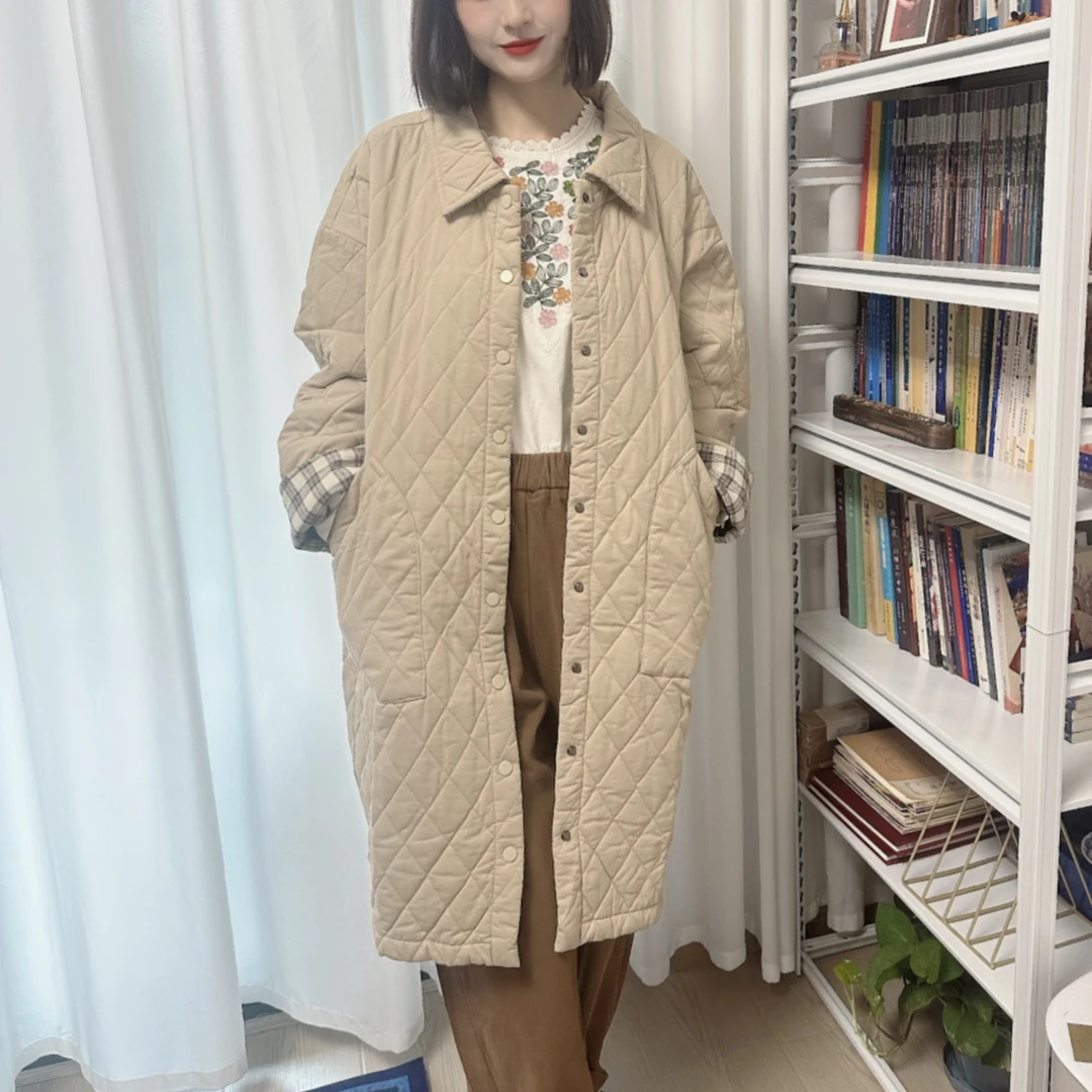 冬季韩版宽松中长款菱格夹棉加厚保暖翻领棉服外套女时尚百搭