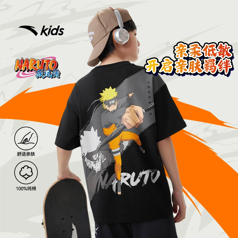 安踏儿童男大童针织短袖衫2025夏新款透气舒适青少年纯棉圆领短袖