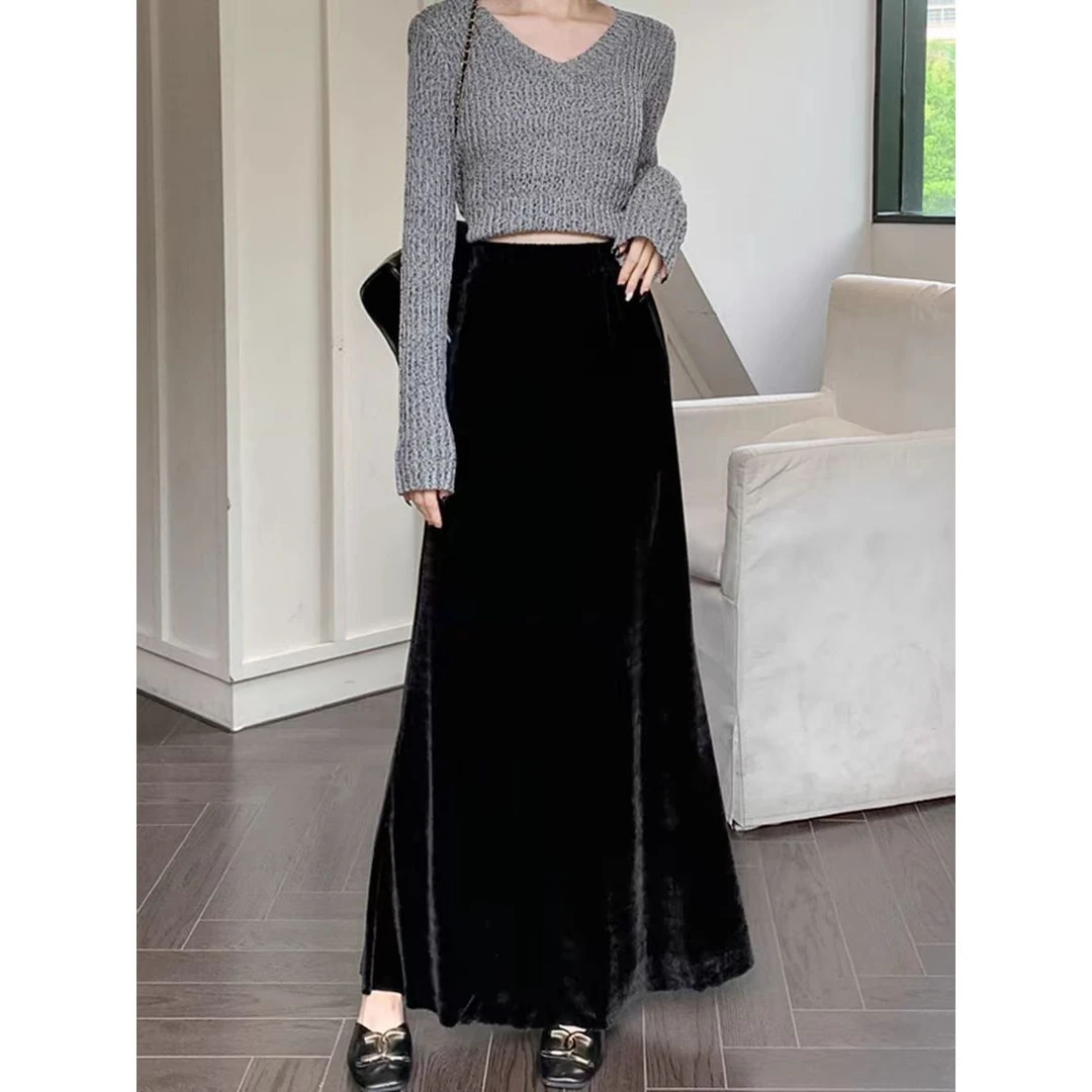 【工厂直发】秋冬丝绒裙高级感减龄显瘦慵懒风中长款半身裙8005