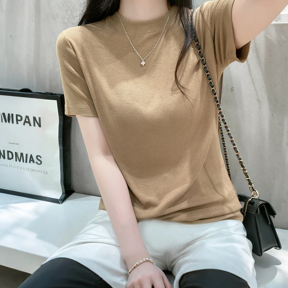 圆领短袖正肩螺纹棉T恤女夏季款弹力修身显瘦简约百搭气质上衣潮