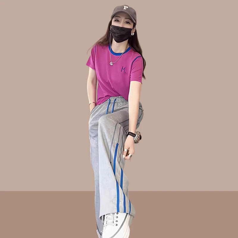 时尚短袖百搭阔腿裤两件套女士2025夏季新款显瘦欧货休闲运动套装