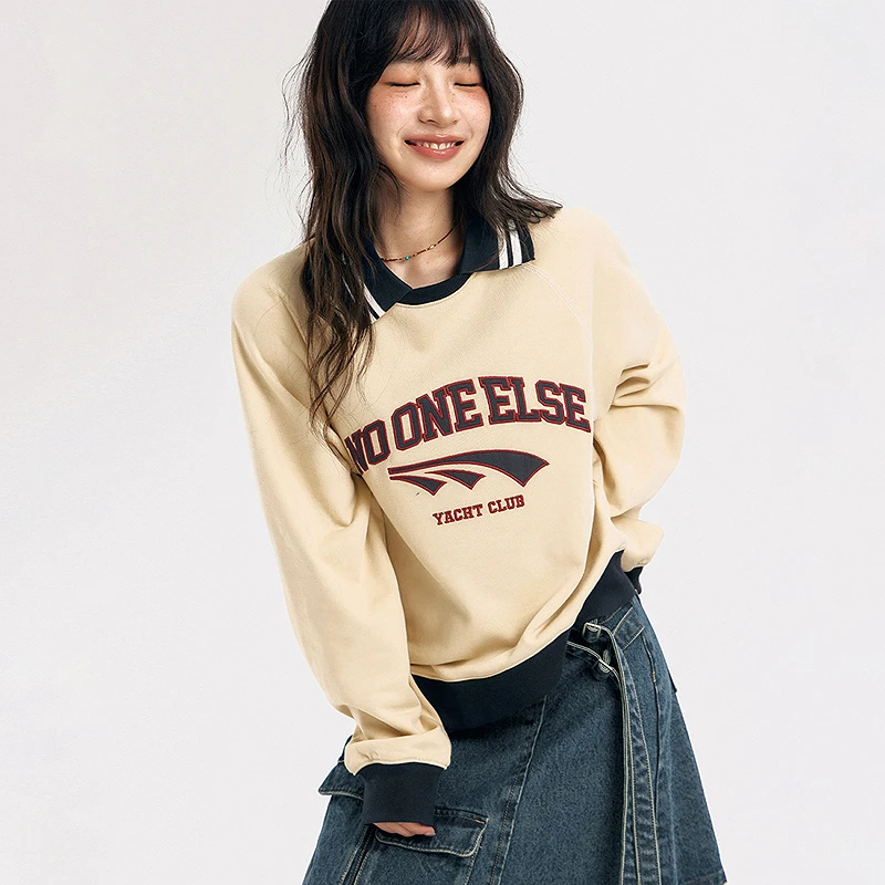 NO ONE ELSE美式复古女装字母秋季撞色拼接翻领插肩上衣刺绣卫衣