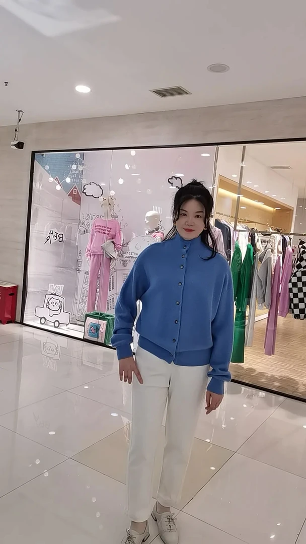 女士套头开衫羊毛外套针织时尚休闲简约纯色蓝色短款百搭气质春款