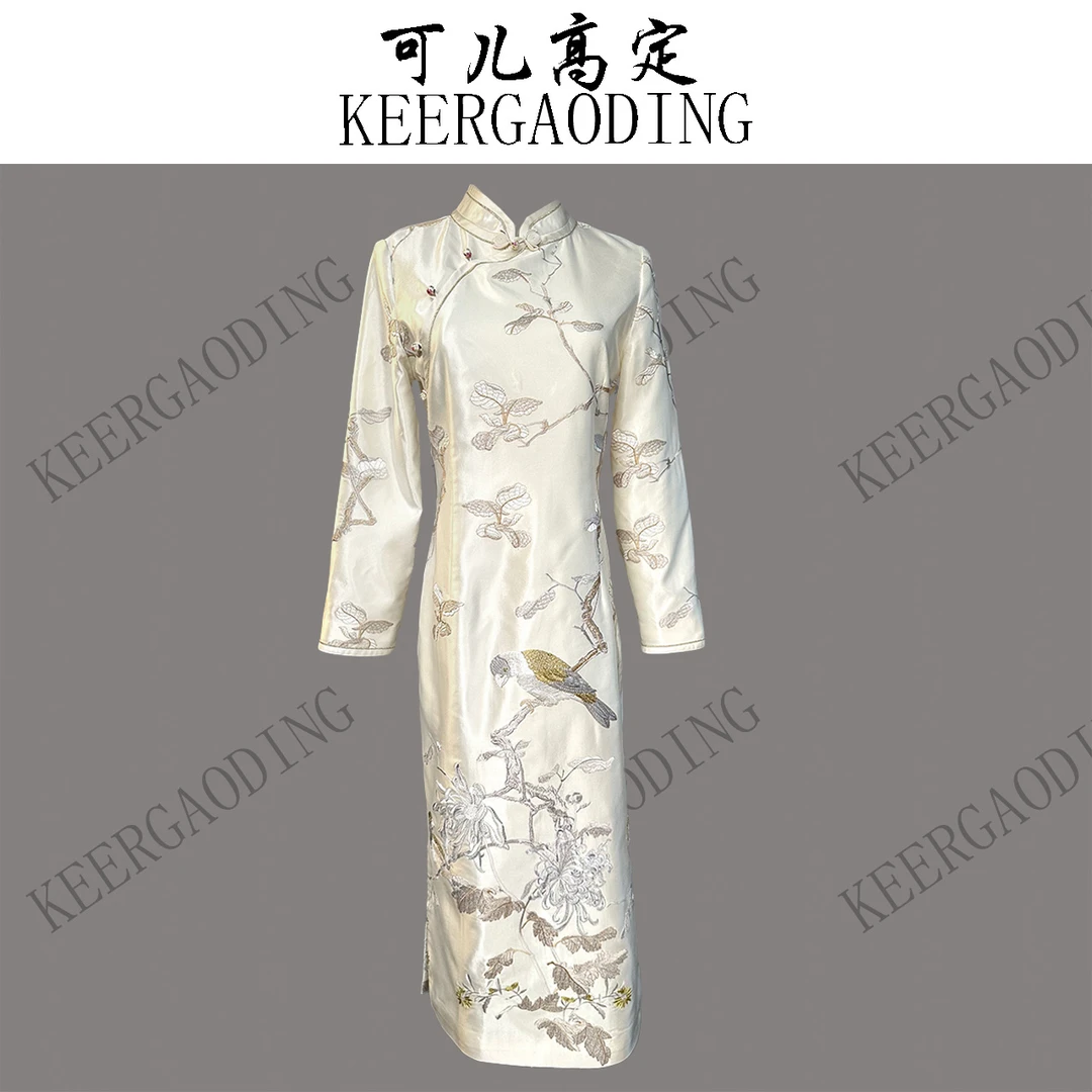 【可儿•高定】高端新中式国风设计师款重工手推绣丝毛旗袍裙3-J5374