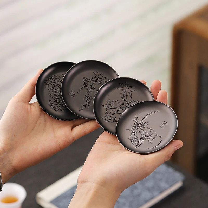 中式茶杯垫合金杯托梅兰竹菊杯托仿古隔热垫防滑功夫茶具茶道配件