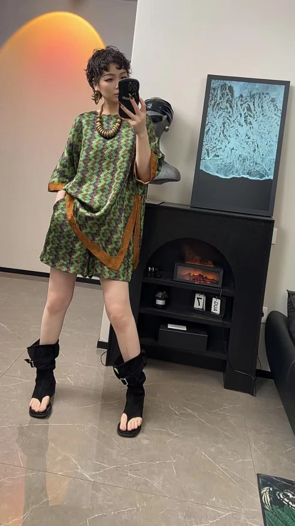 改改设计师《翡翠短袖套装》新中式老钱风人丝时尚套装夏季扎染印花