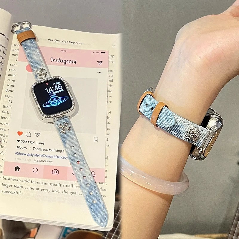 【克罗心】适用于苹果手表表带s11牛仔布iwatch s10扎染男女s9腕带8