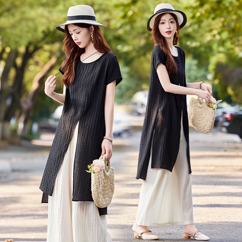 2025夏季新款时尚套装女气质文艺设计感夏日绝美穿搭阔腿裤三件套