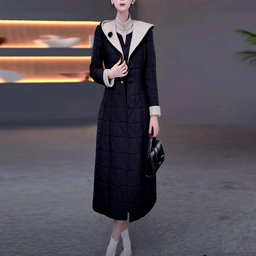 三防免洗时尚洋气夹棉加厚套装裙2025冬季新款连帽绗棉外套连衣裙