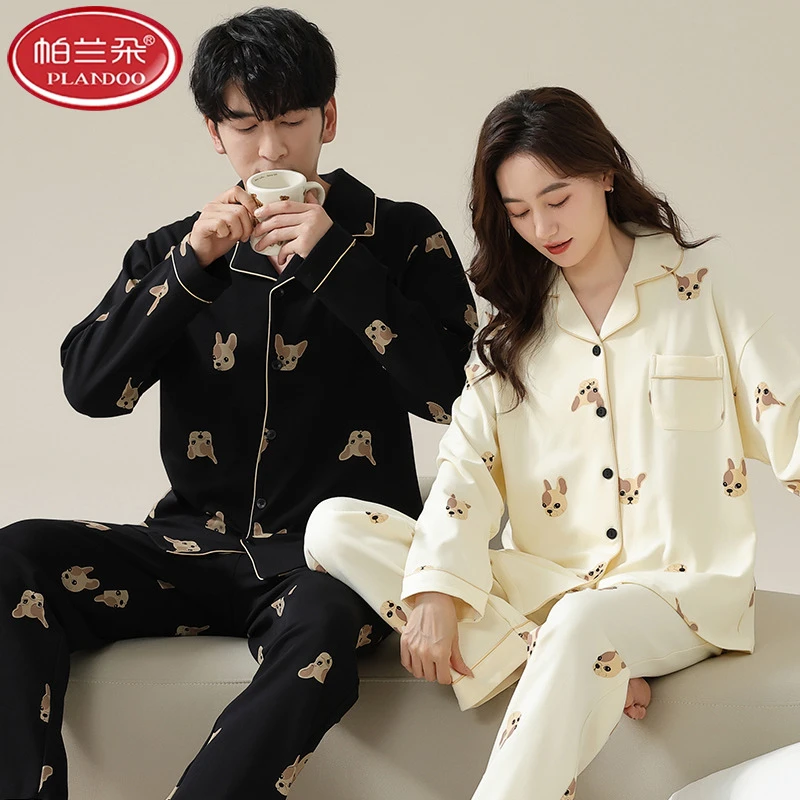 帕兰朵情侣睡衣春秋款纯棉拉架长袖爽棉新款一男一女士家居服可外