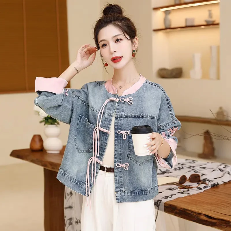 新中式绣花牛仔外套女春秋洋气宽松重工拼接上衣女外套秋季女8023