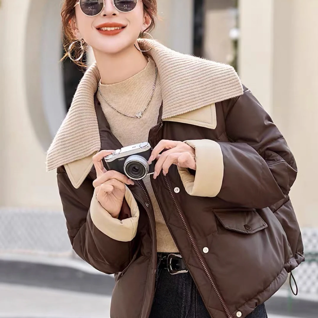 时髦范设计感针织翻领2025冬季新款氛围感撞色棉外套