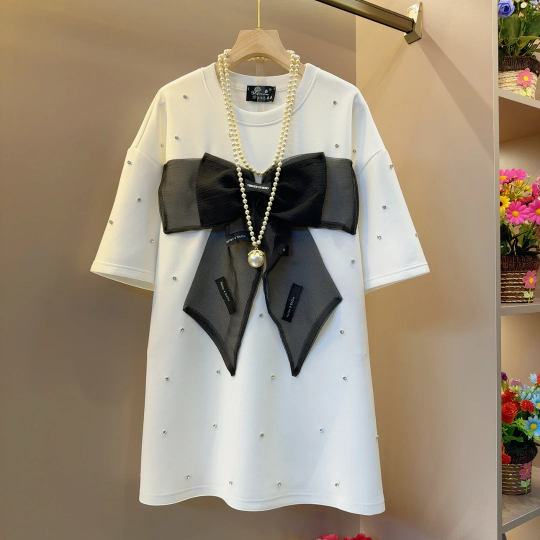 时髦爆款欧洲站网红纱网蝴蝶结拼接T恤衣长80左右