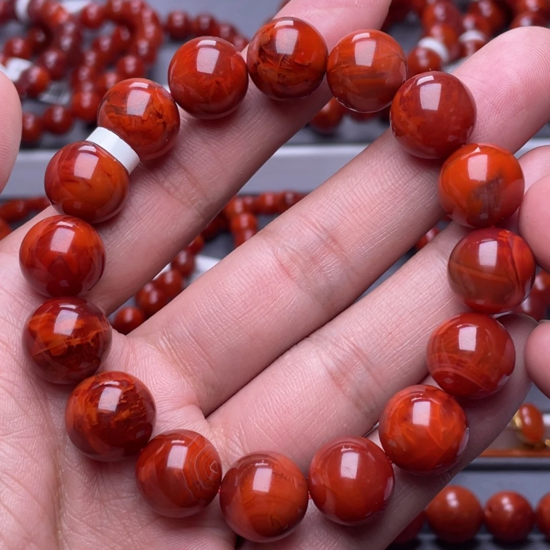 南红玛瑙未镶嵌南红玉石13mm瓦西牛血红火焰纹圆珠手串