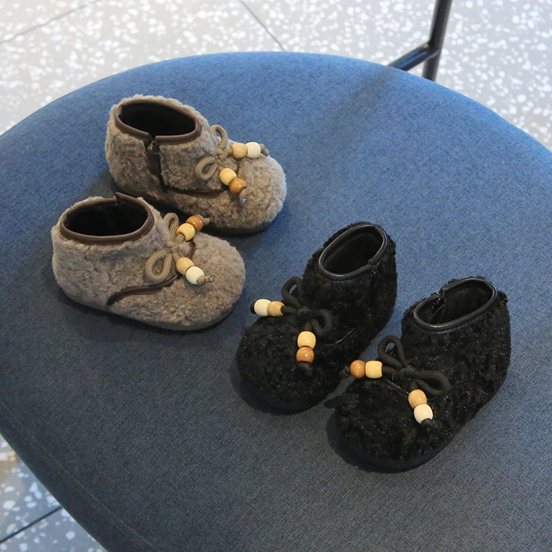 25510宝宝棉靴冬季加绒女小童时尚简约百搭保暖短靴女孩毛毛鞋