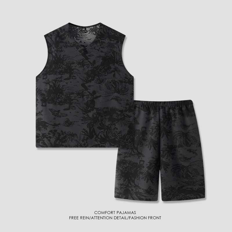 【好福份】冰爽丝夏季V领背心男款睡衣家居服套装国风椰树-25200