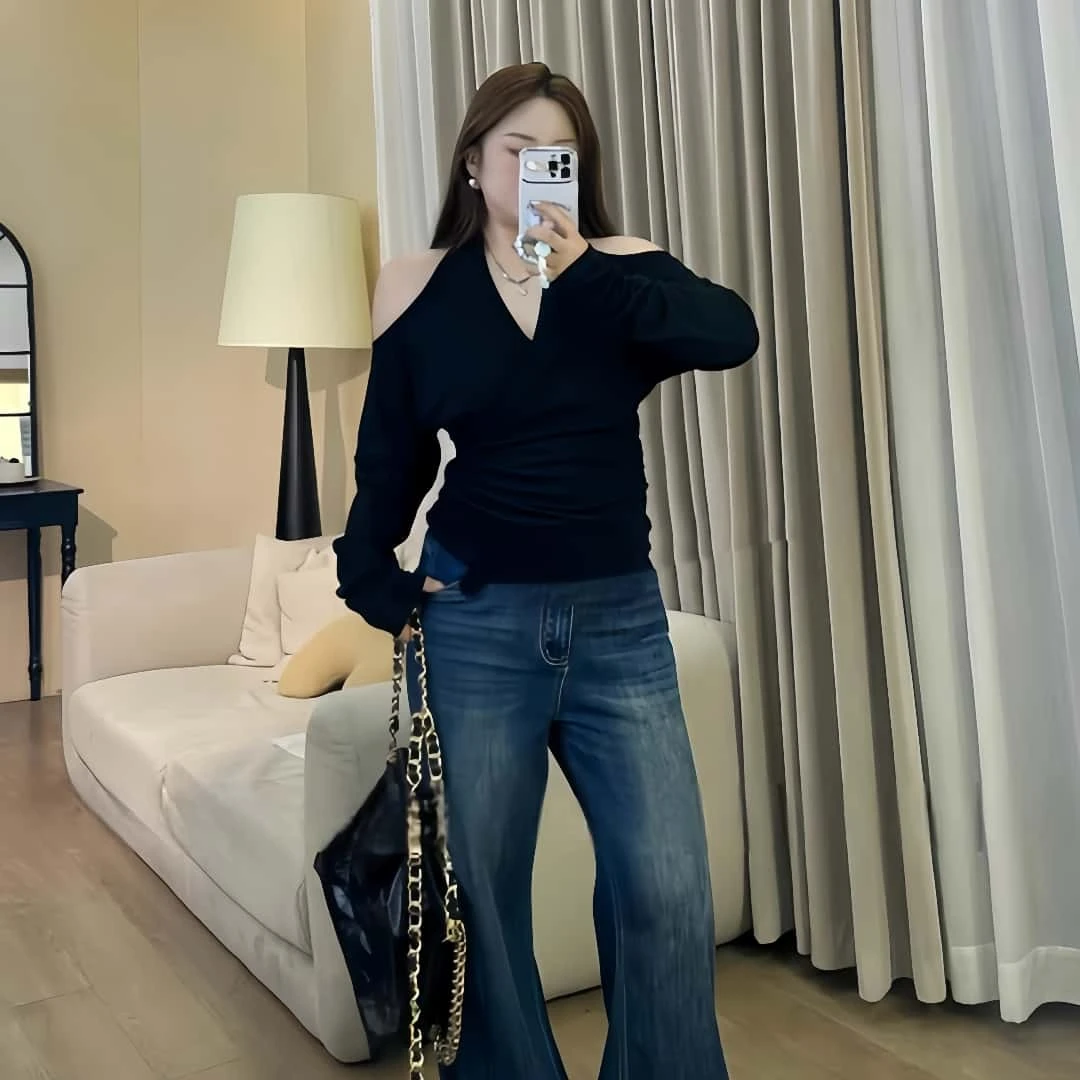 大码法式挂脖v领露肩T恤女装秋季胖MM收腰显瘦百搭气质长袖上衣