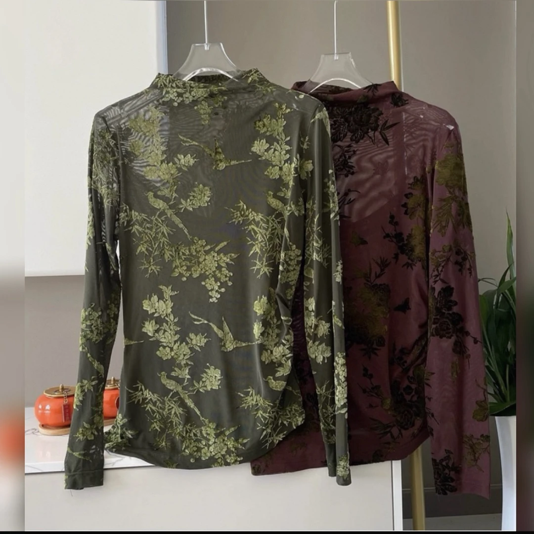 植绒新中式印花立领植物花卉T恤提花秋冬