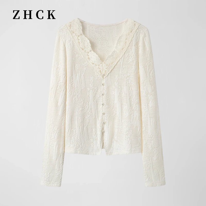 【ShawEleven】韩系V领打底衫2025早春新款纯色气质蕾丝拼接上衣