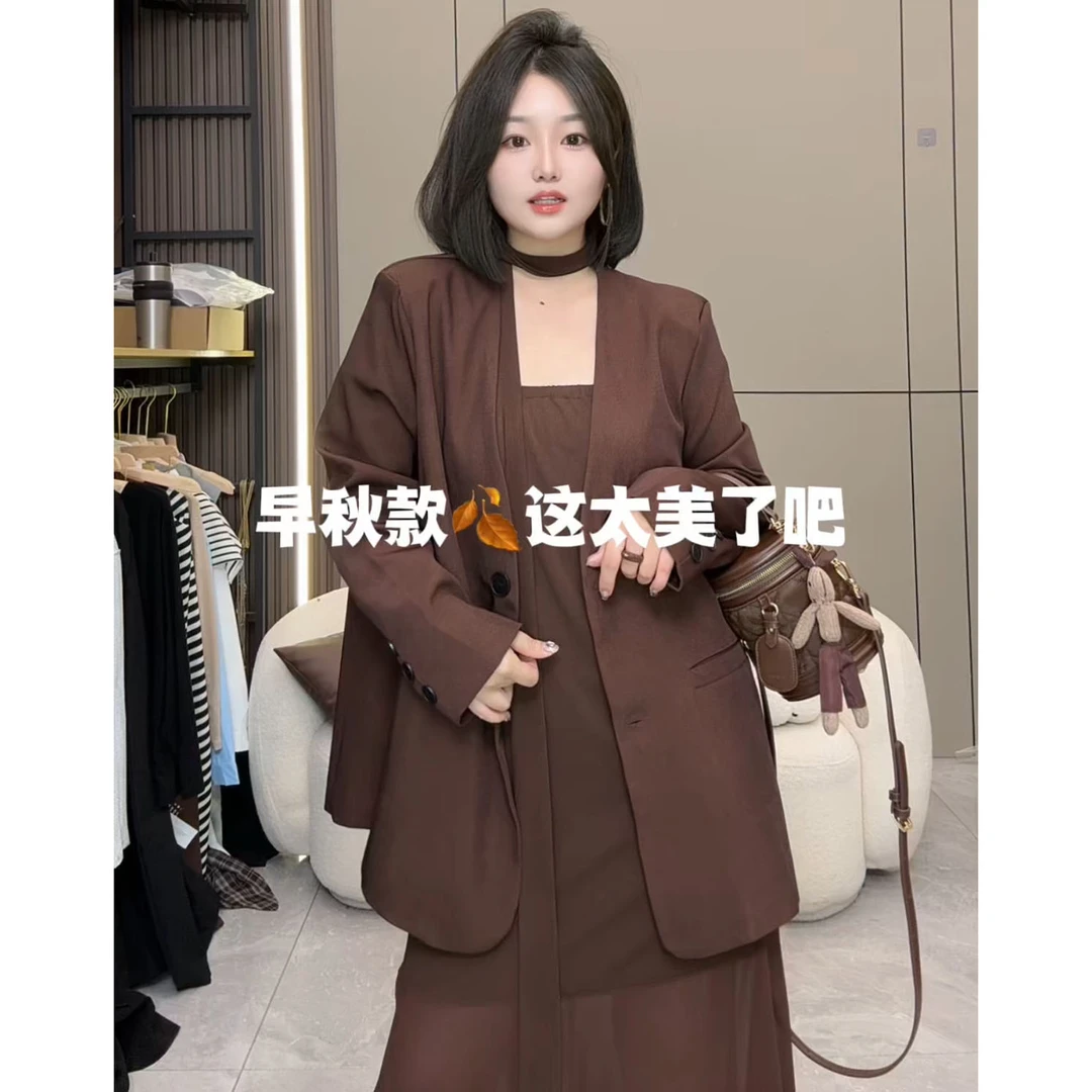 【慧雯儿微胖定制】早秋新款气质抹胸拼纱连衣裙+西服套装女