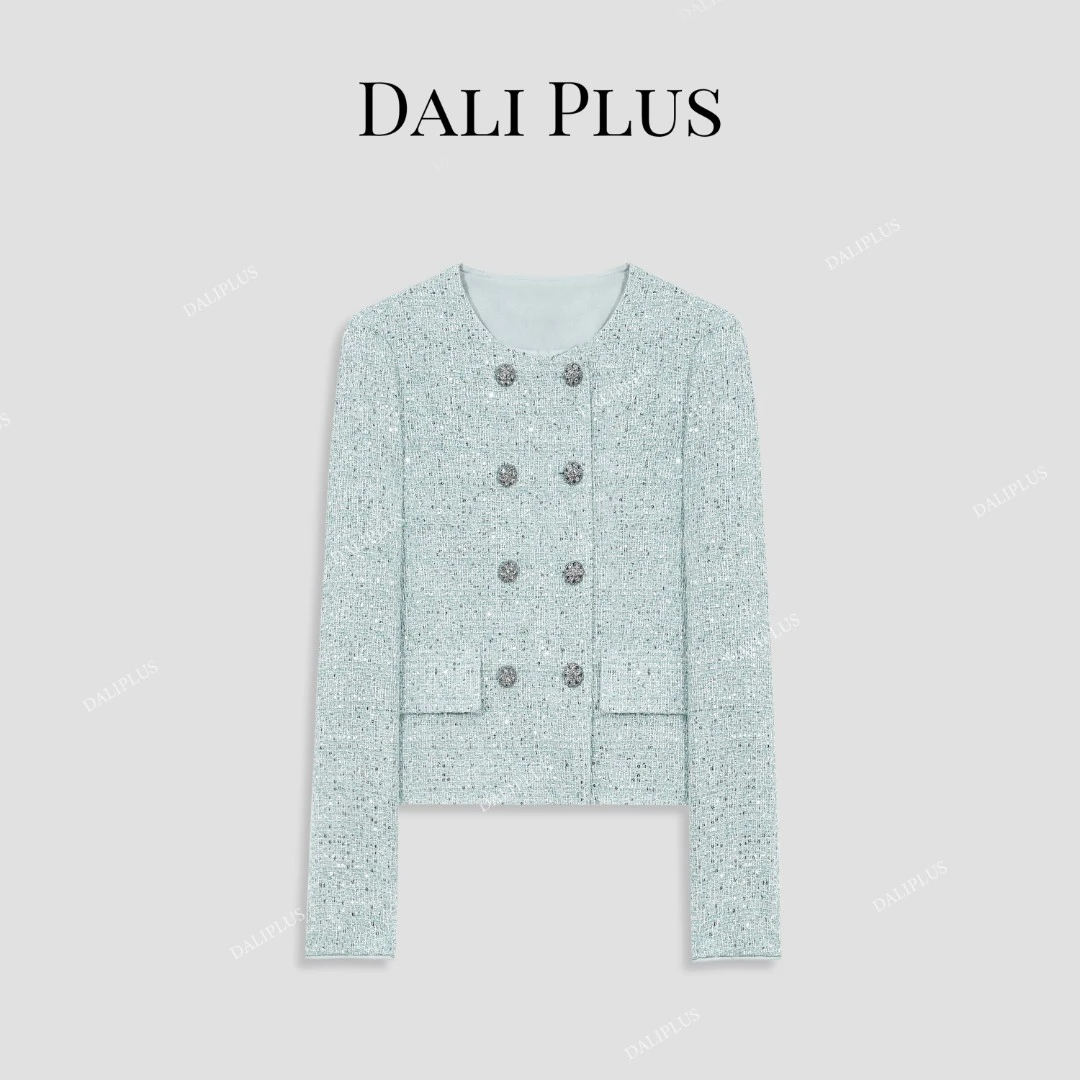 DALI PLUS法式双排扣精致蓝绿闪闪设计小香风秋冬外套-D5LT2007