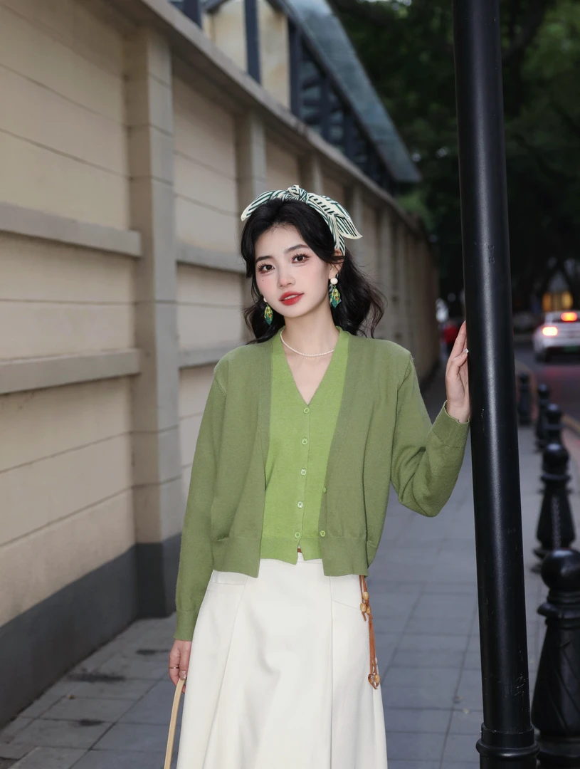 丁佳欣【芦苇花叶】港风复古纯色长袖针织开衫宽松上衣JS1114160