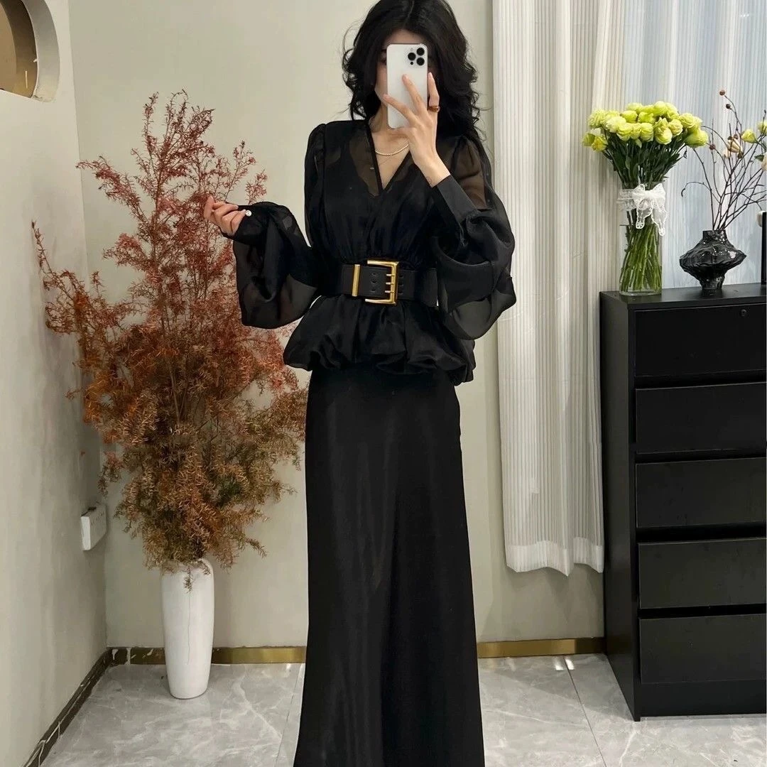 醋酸缎面吊带长裙搭配法式微透气质收腰显瘦鱼尾底摆上衣女套装N