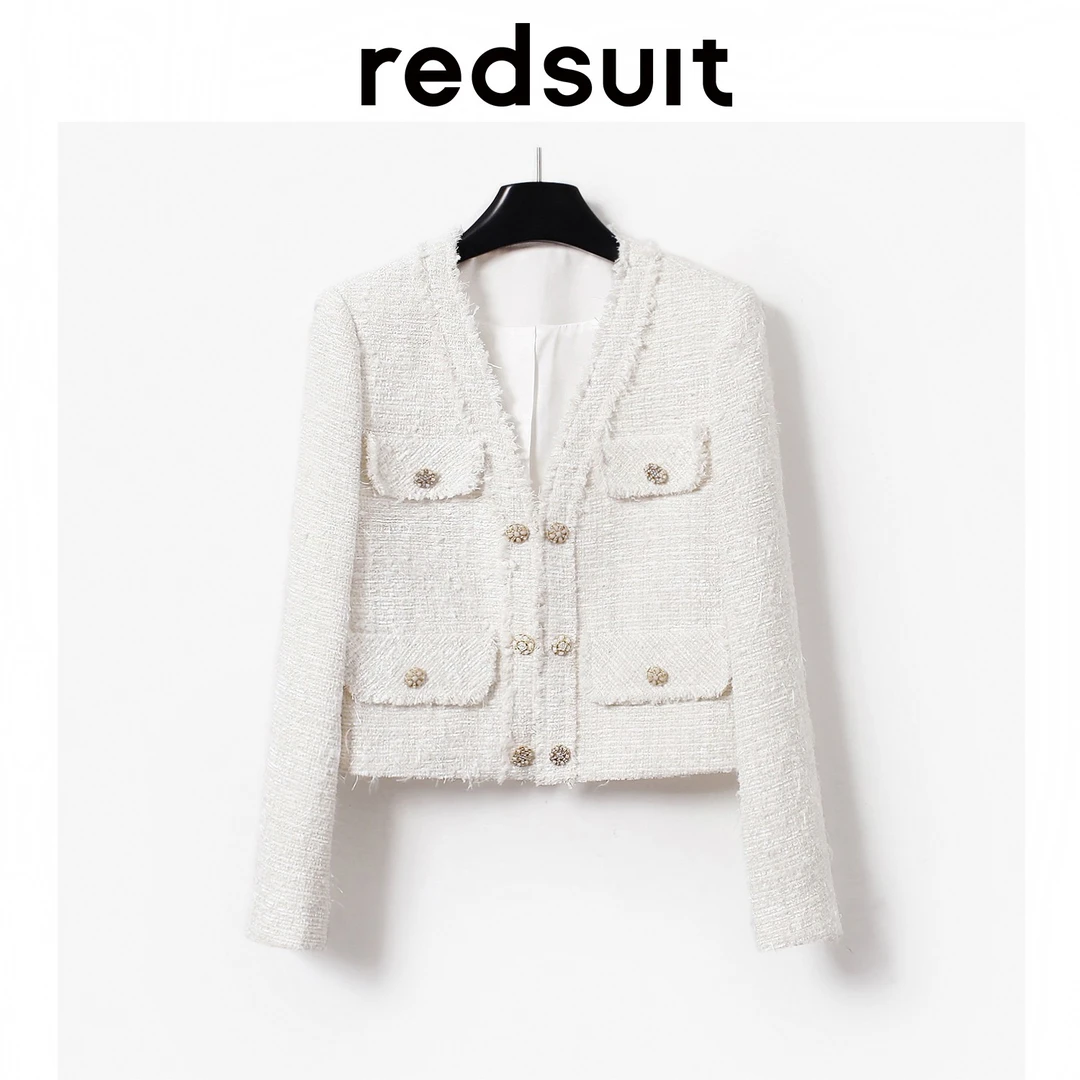 redsuit 法式V领双排扣白色小香风粗花呢外套百搭短款流苏边上衣