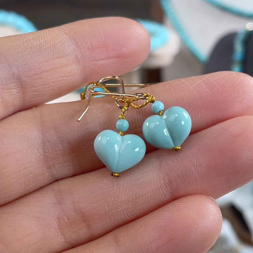 绿松石银S925镀金镶嵌套链爱心耳坠