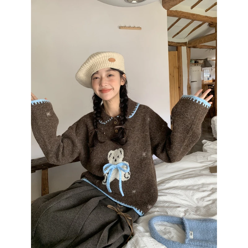 Jiang jam/姜姜姜酱可爱甜美风蝴蝶结卡通小熊翻领毛衣