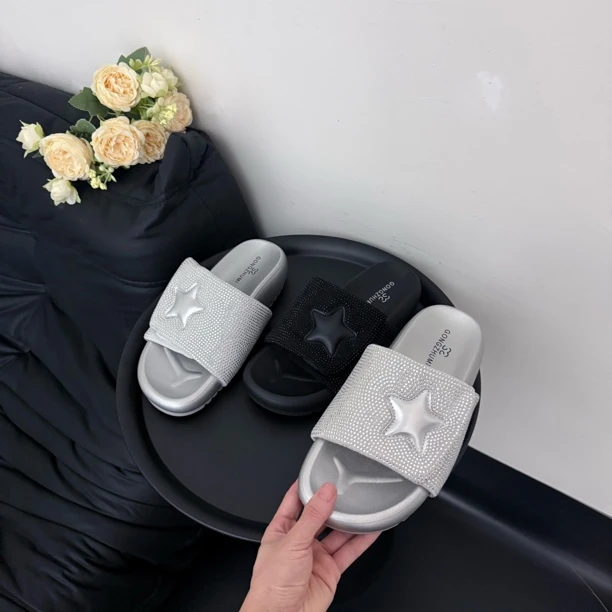 星星款满钻魔术贴一字拖2025夏季新款休闲百搭软底女外穿凉拖鞋