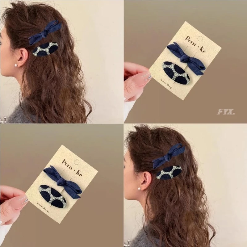 布艺蝴蝶~韩版蓝色发夹奶咖系格纹笑脸头饰边夹前额刘海夹2025新