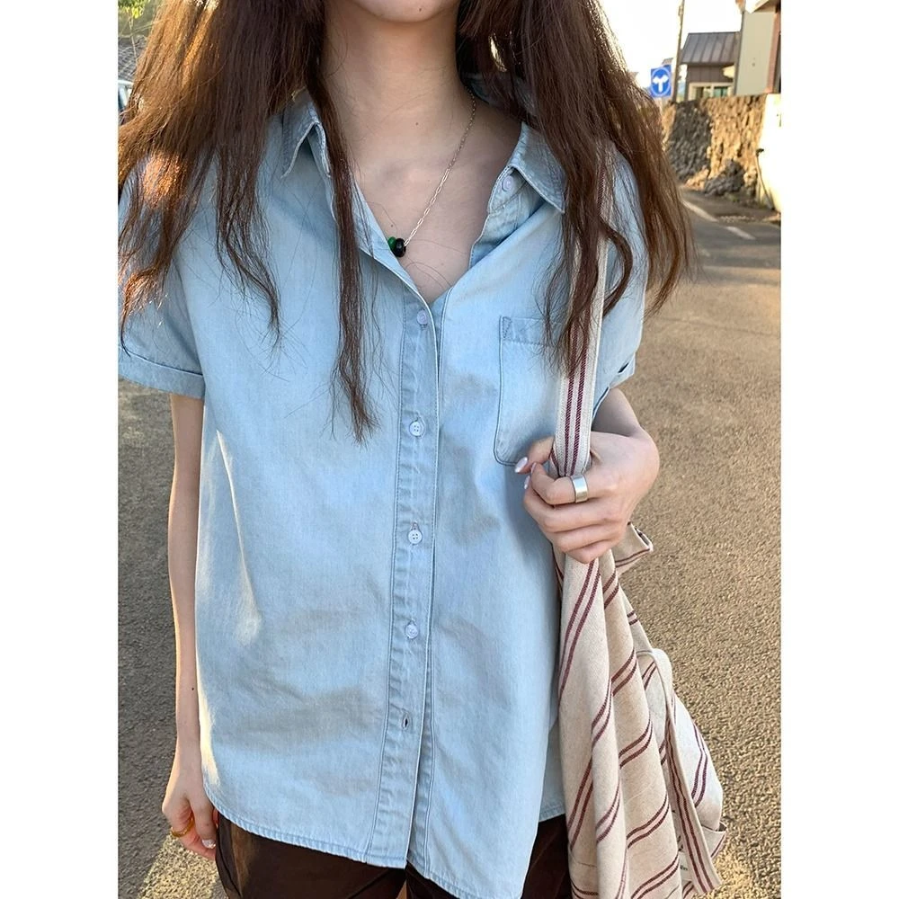 2025夏季新款ins潮水洗蓝短袖牛仔衬衫女小众复古休闲薄款外套女