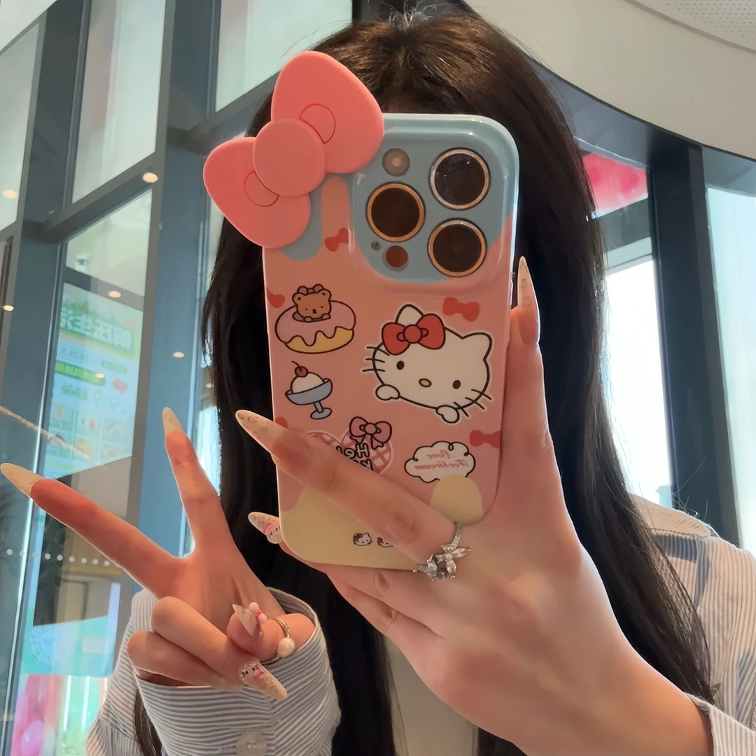 可爱kitty粉蝴蝶结适用苹果16promax手机壳华为p70vivo小米15oppo