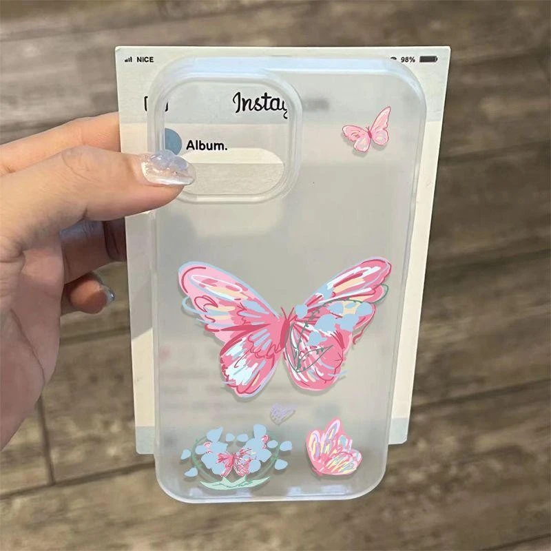 涂鸦粉蝴蝶适用苹果16PROMAX手机壳iPhone15磨砂14大孔13软壳12/X