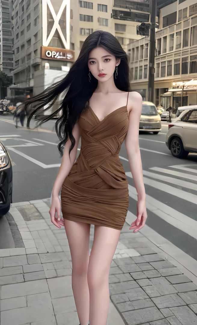 夏季新款修身显身材棕色V领收腰吊带包臀连衣裙女小众设计高级感