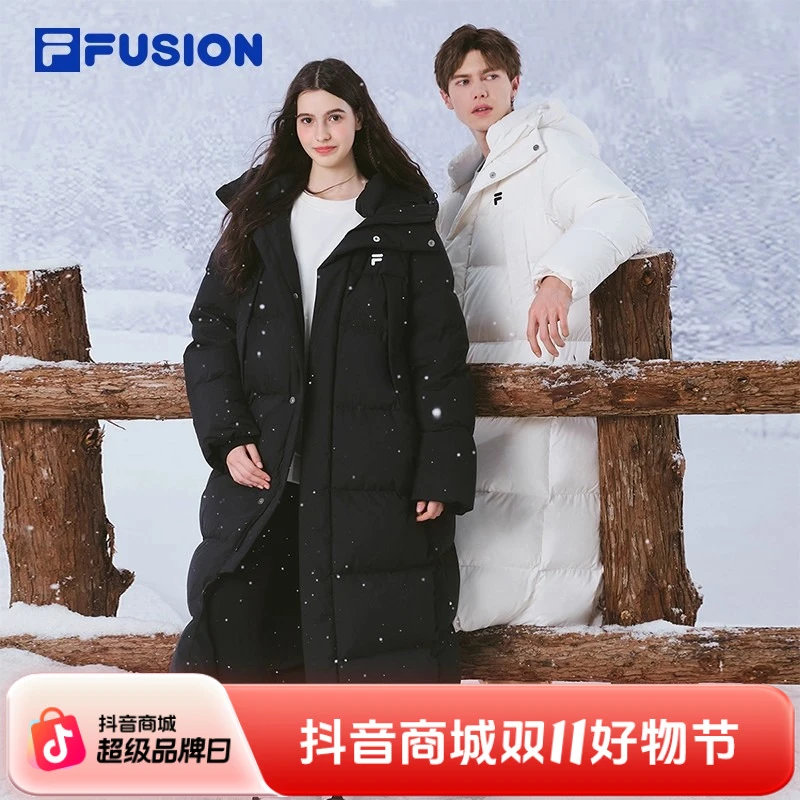 FILA FUSION斐乐潮牌情侣款鹅绒长款羽绒服2025冬季新款连帽外套