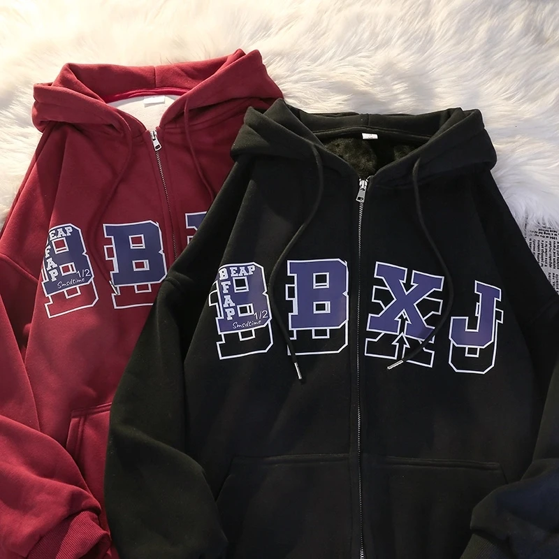 凯颂300斤大码美式复古街头拉链卫衣男女秋冬宽松显瘦开衫外套