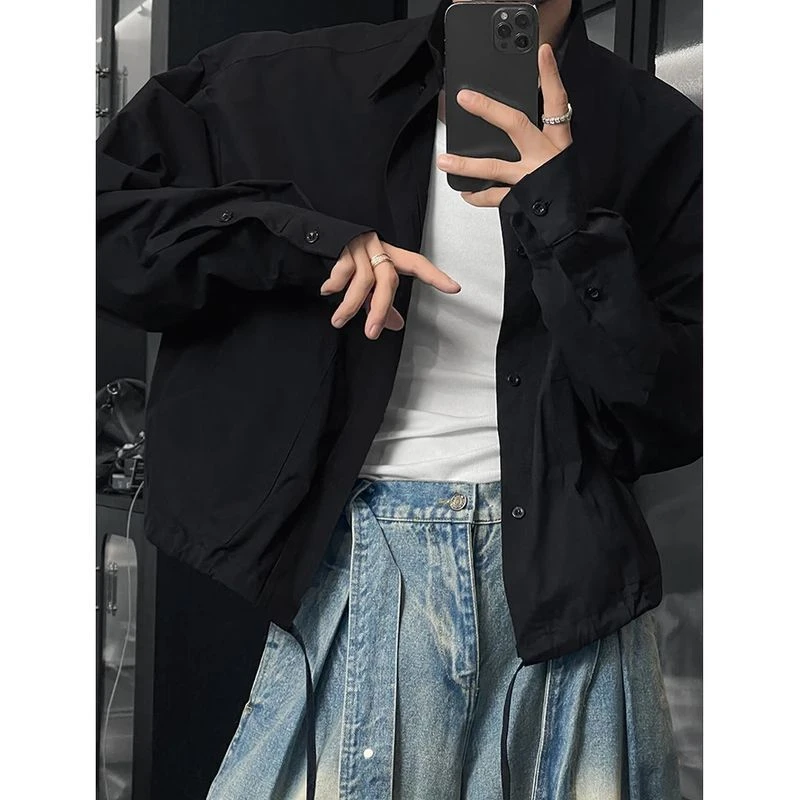纯棉早秋短款潮流百搭下摆抽绳休闲小众设计师款2025衬衫短外套