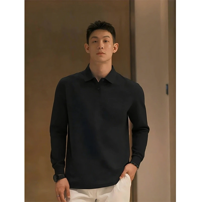 成熟稳重男装黑色polo衫长袖T恤男士重磅无帽翻领卫衣内搭打底衫