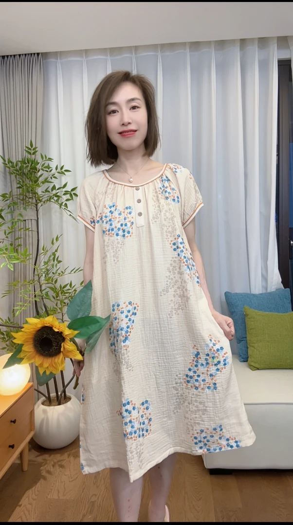 『蓝风铃』春夏纯棉双层纱布女系带睡衣家居服套装MY0109