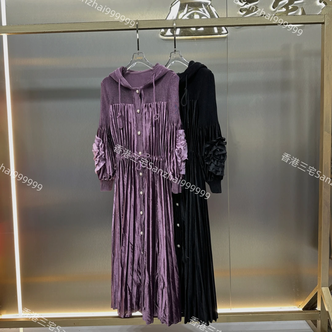 大码褶皱秋冬新款时尚连帽金丝绒连衣裙外套两穿显瘦气质高级感