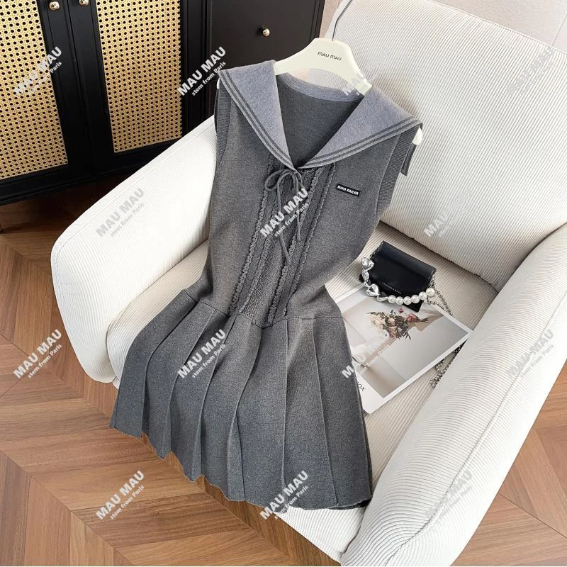 MIUMEM现货学院风海军领灰色无袖花边针织连衣裙女修身夏季DY6619